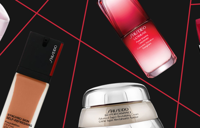 Shiseido products on black and red background