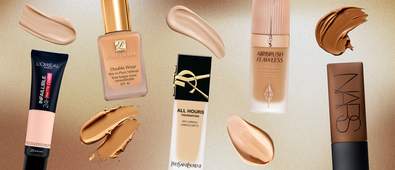 5 different foundations of different shades with swatches on a background of brown and beige gradient