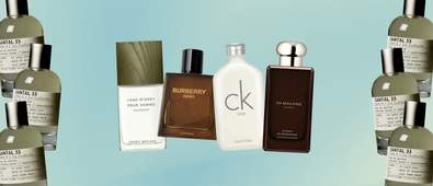 perfume bottles with a light blue background
