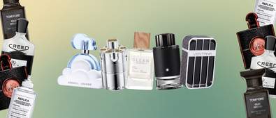 perfume bottles with a green gradient background