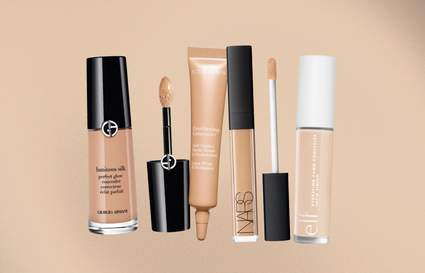 four different concealers with a beige gradient background