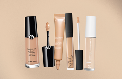 four different concealers with a beige gradient background