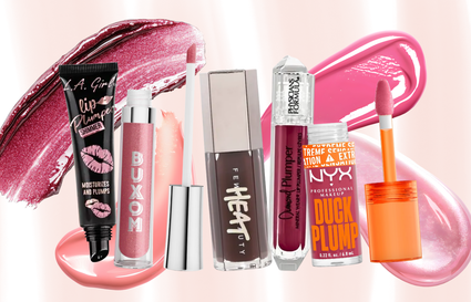 different lip glosses with swatches behind them and a light pink stripe background