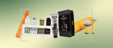 beauty products with a green gradient background