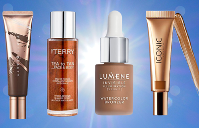Liquid bronzers on blue background with sunshine